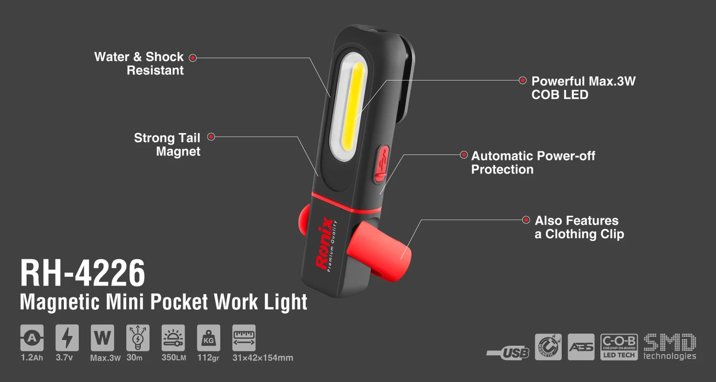 [RH-4226] Luce da lavoro mini pocket magnetica 350lm - Modello Glory