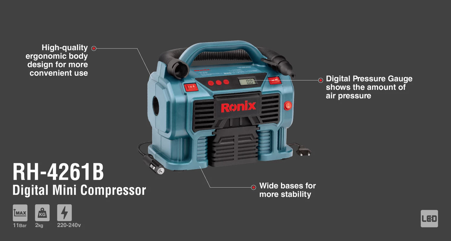 [RH-4261B] Compressore Digitale Mini AC/DC 11Bar con Borsa
