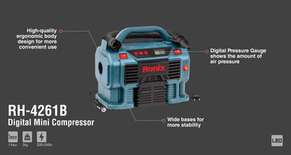 [RH-4261B] Compressore Digitale Mini AC/DC 11Bar con Borsa