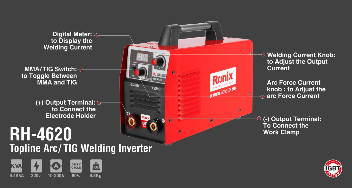 [RH-4620] Inverter per Saldatura Arc/TIG Topline, 9.4 KVA, 200A