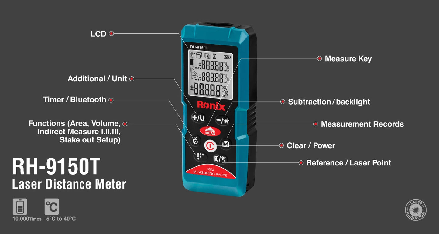 [RH-9150T] Misuratore di distanza laser 50m - Timer conto alla rovescia - Taiwan
