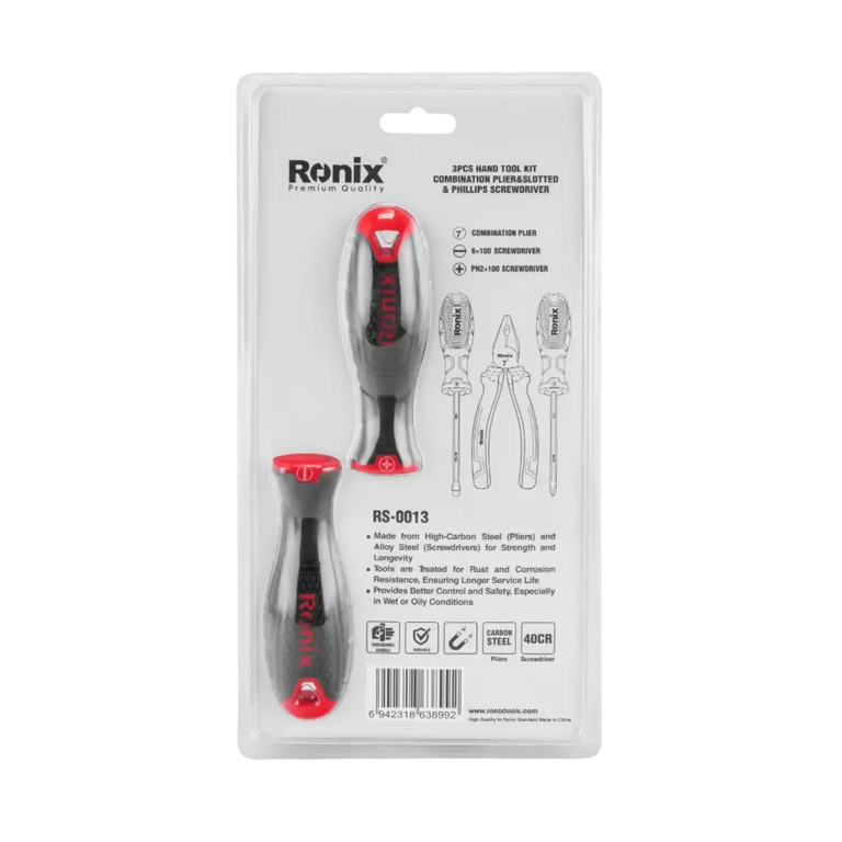 [RS-0013] Kit di Attrezzi a Mano 3pcs (Pinza Combinata-Cacciavite a Taglio e Phillips)