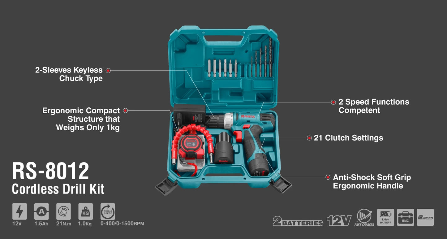 [RS-8012] Set di Avvitatori a Percussione Cordless 12V - 19 pezzi - 10mm - 21N.m