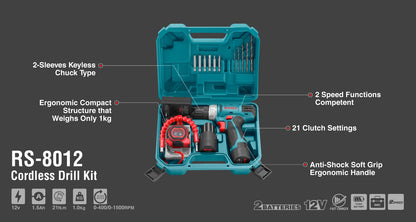 [RS-8012] Set di Avvitatori a Percussione Cordless 12V - 19 pezzi - 10mm - 21N.m
